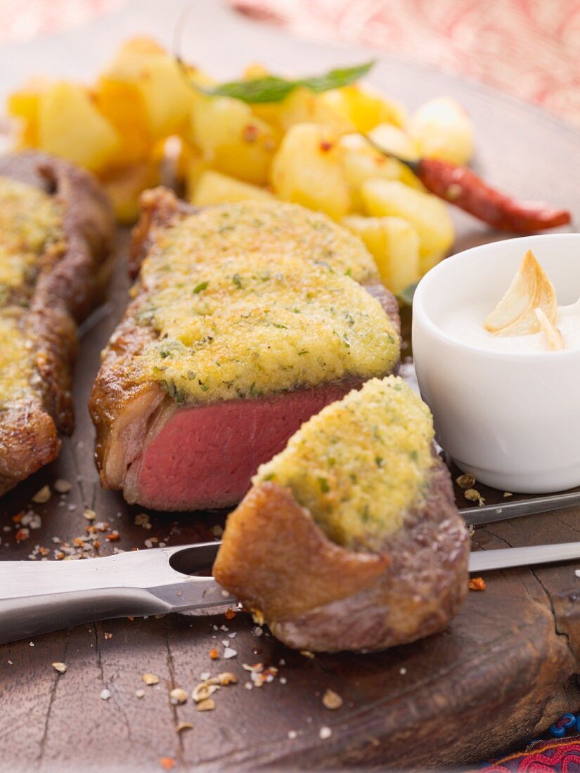 Beef loin with a herb and zatar crust