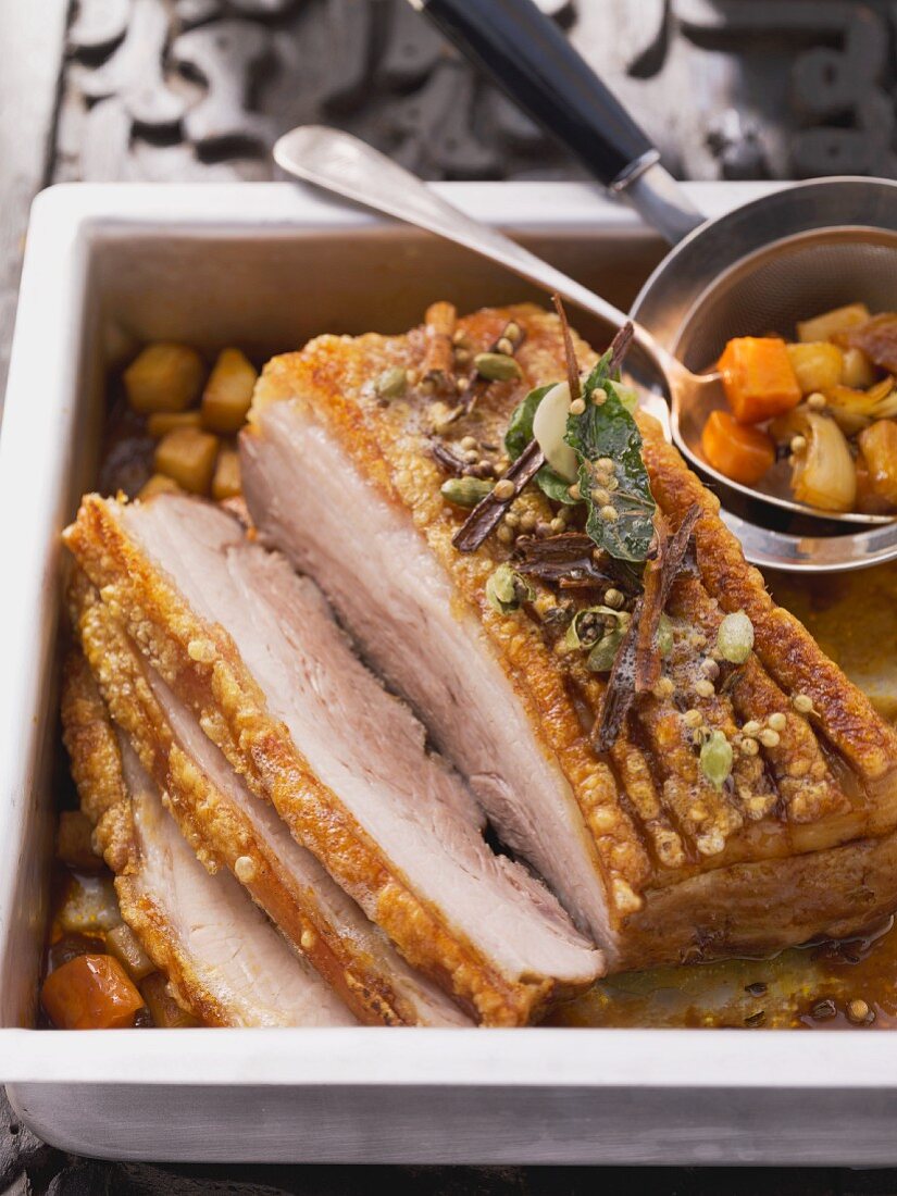 Roast pork with crackling with oriental spices