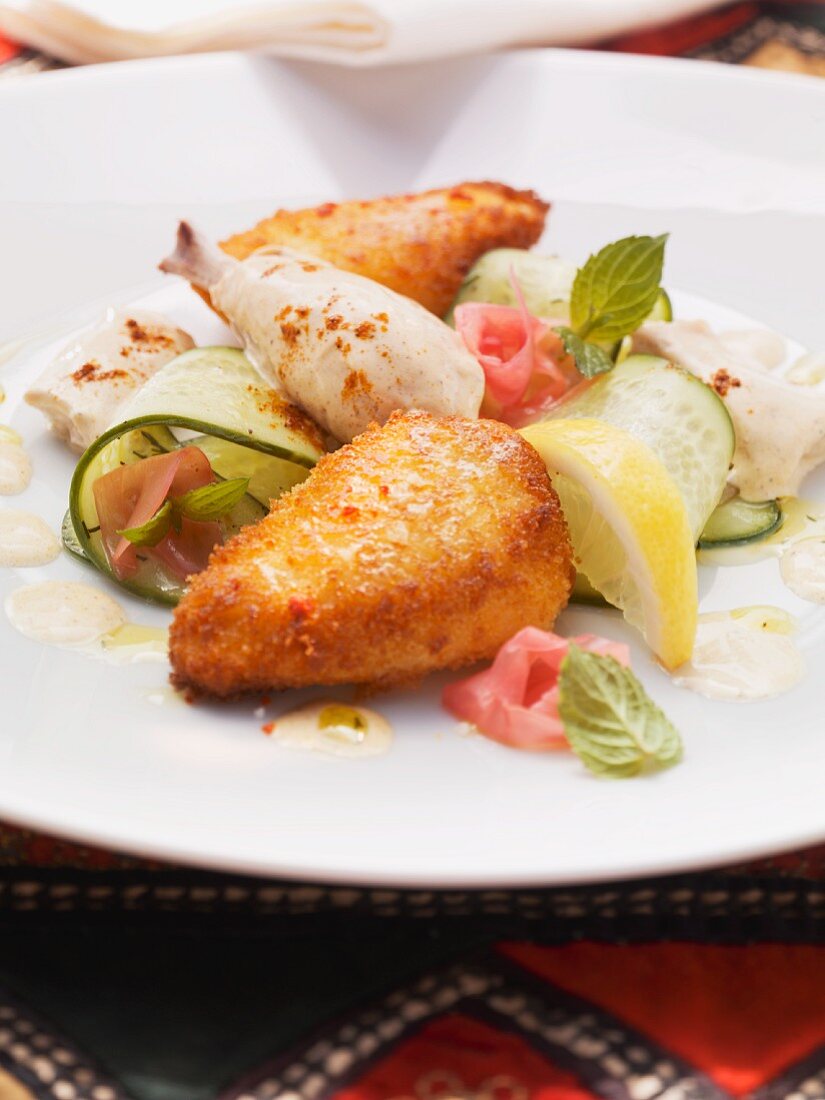 Chicken, prepared in two different ways with a cucumber and ginger salad