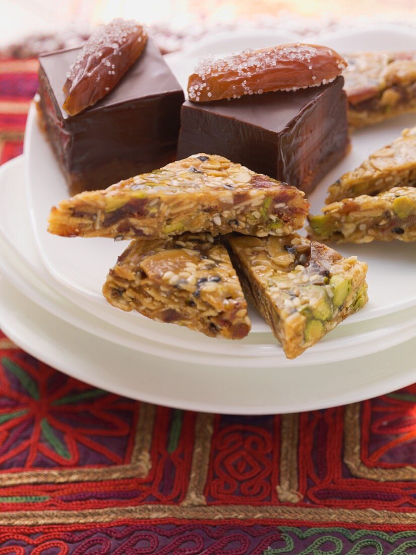 Mocha and date confectionery and sesame brittle with pistachios and dates