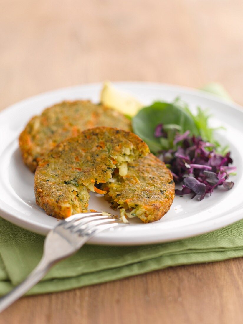 Vegetable and nut cakes with cress