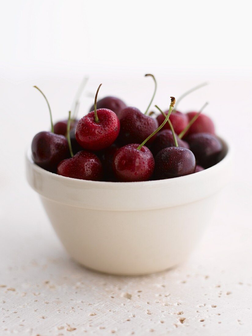 A bowl of wet cherries