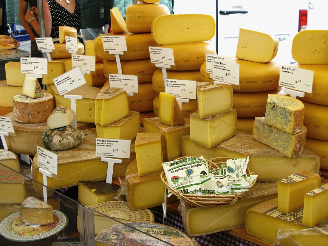 Various types of cheese cake in a shop