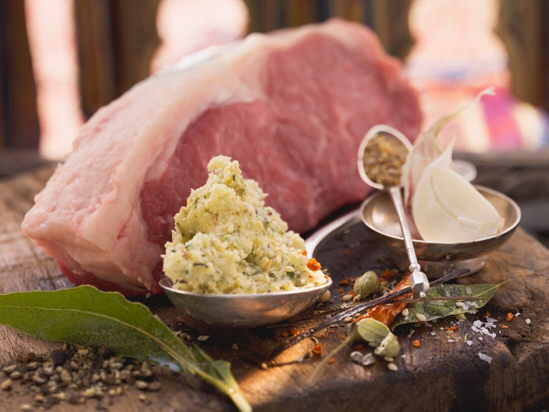 Raw beef steak with spices