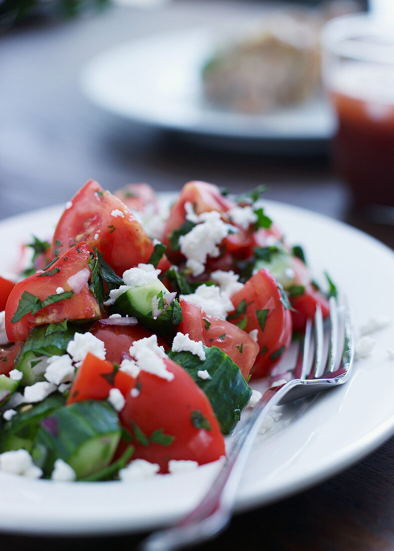 Tomato and cucumber salad with cream goat's cheese