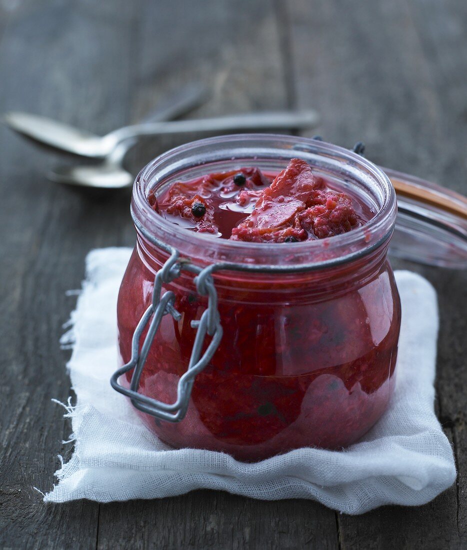 Rhubarb jam in a preserving jar