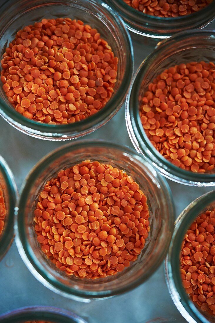 Open Canning Jars of Red Lentils; From Above