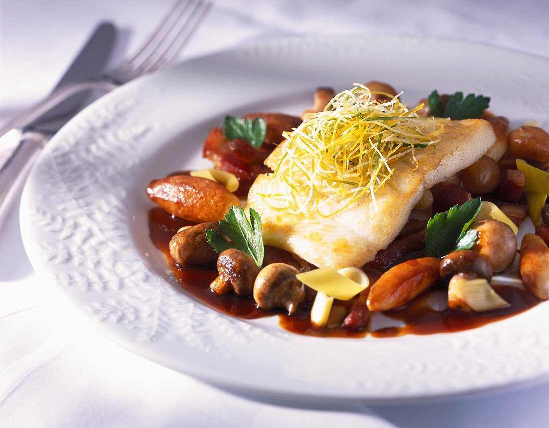 Cod on a Bed of Mushrooms and Potatoes
