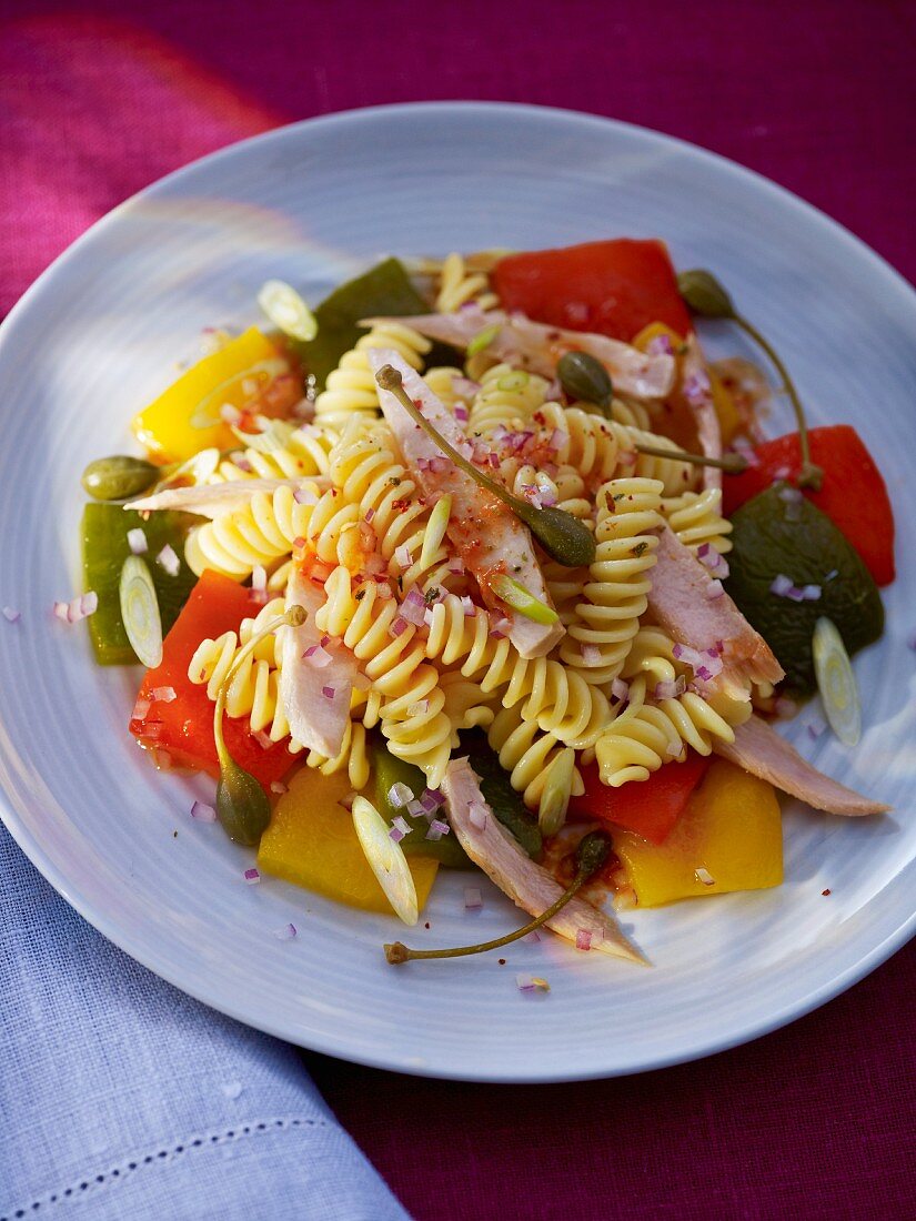 Fusilli with peppers, capers and tuna