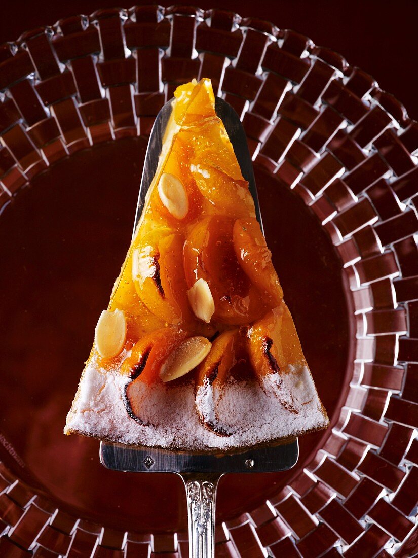 A slice of apricot tart on a cake slice (seen from above)