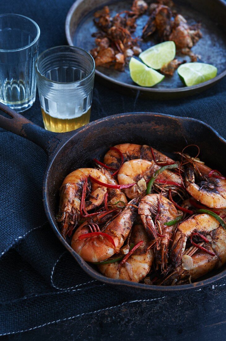 Pan Fried Shrimp with Jalapeno, Garlic and Lime; Glass of Beer