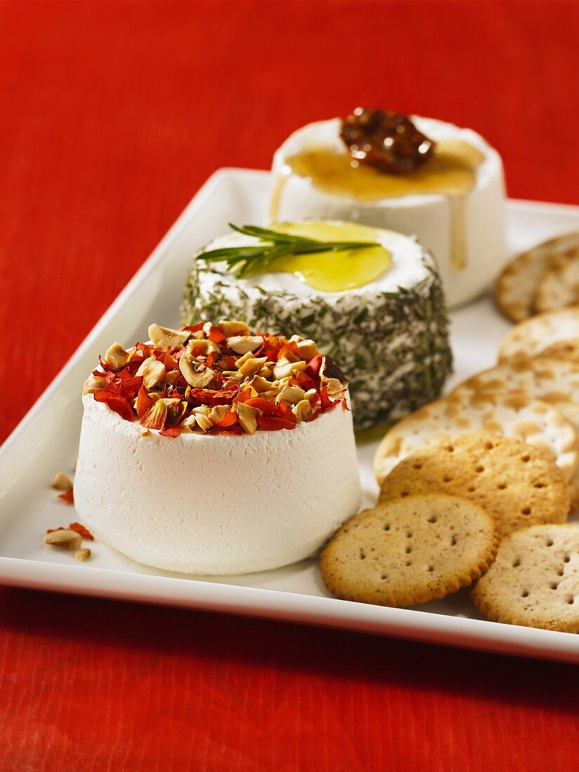 Various types of goat's cheese and crackers