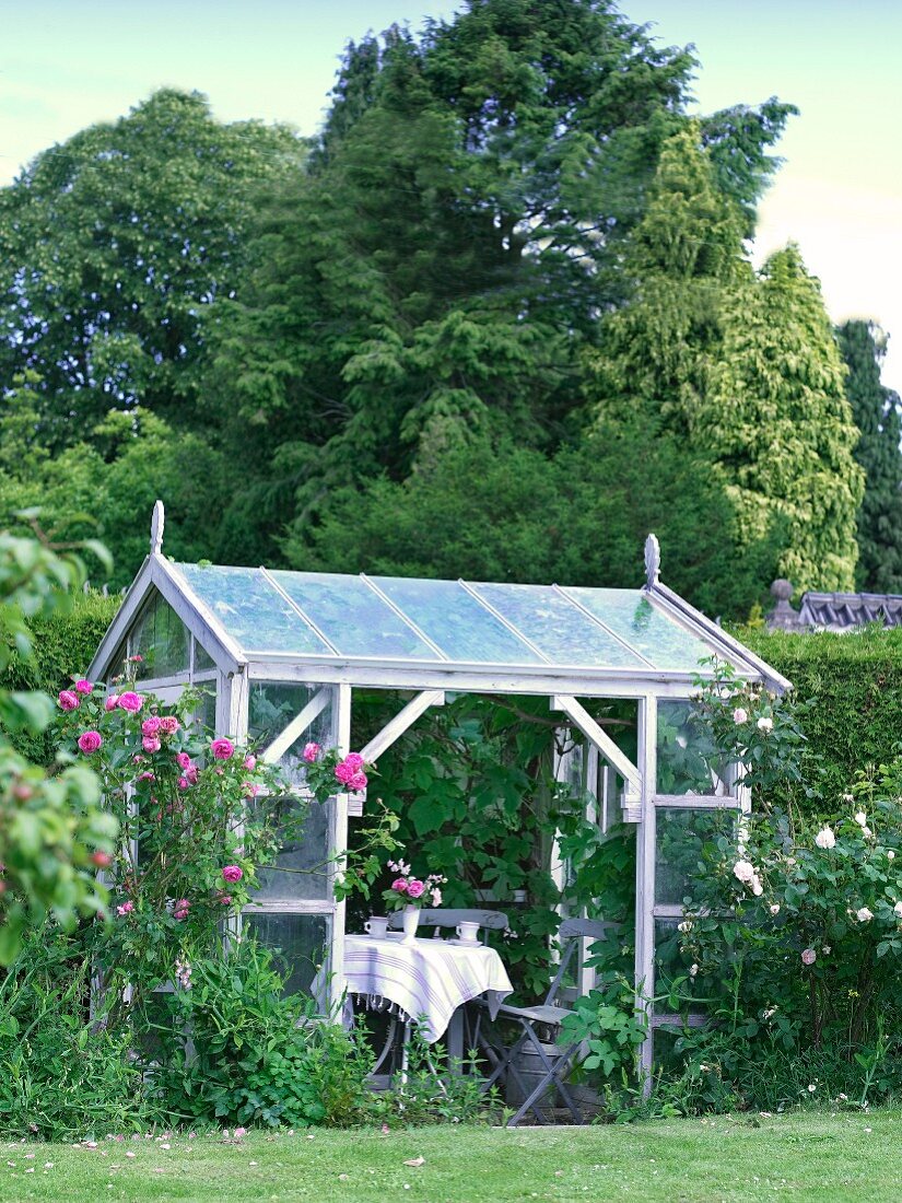 View of set table in greenhouse in garden
