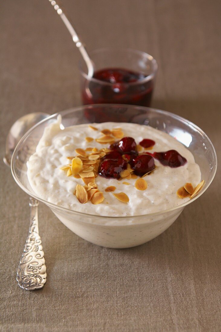 Almond rice pudding with cherry compote