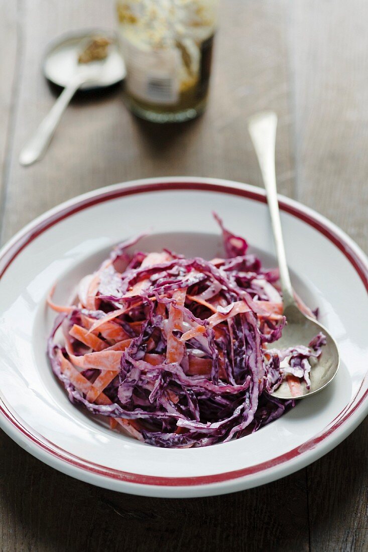 Coleslaw mit Rotkohl, Möhren und Senfmayonnaise