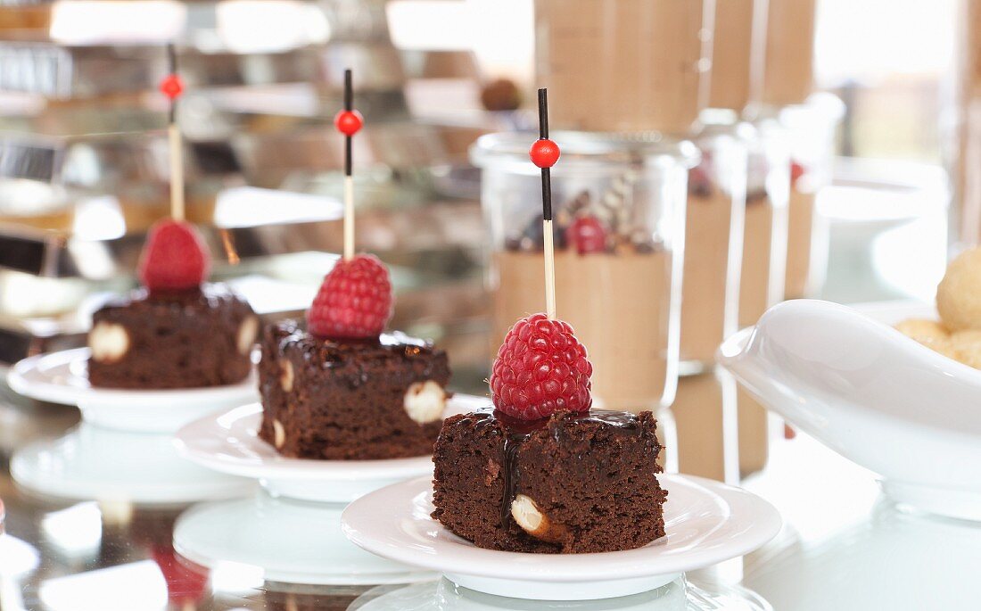 Brownies topped with chocolate glaze and raspberries