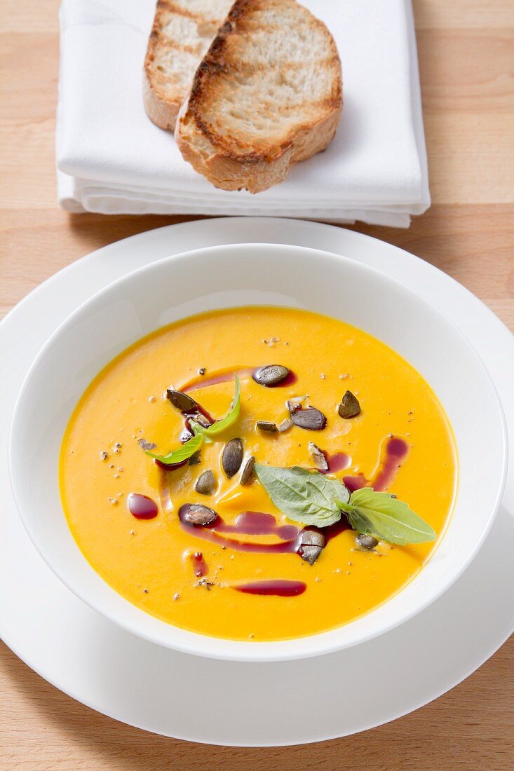 Cream of pumpkin soup with pumpkin seeds