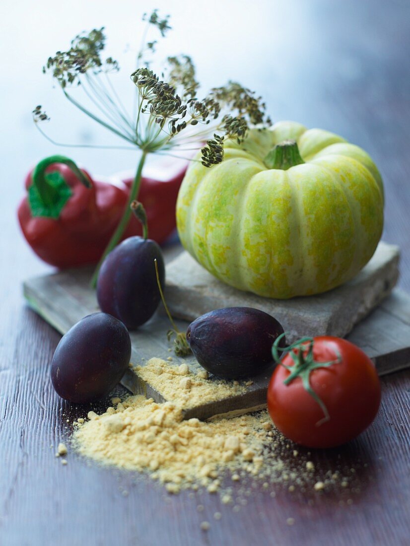 An arrangement of fruit, vegetables and a fennel bulb