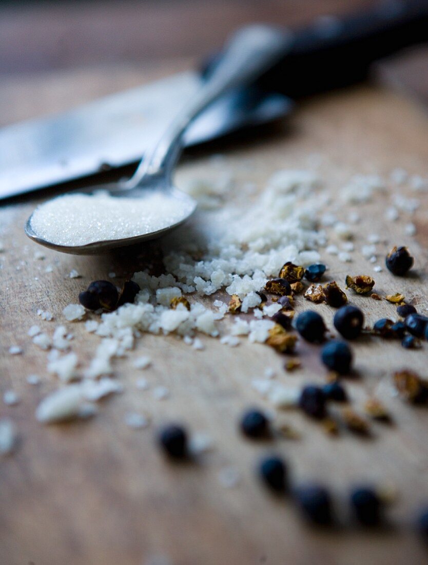 Dried juniper berries and coarse salt