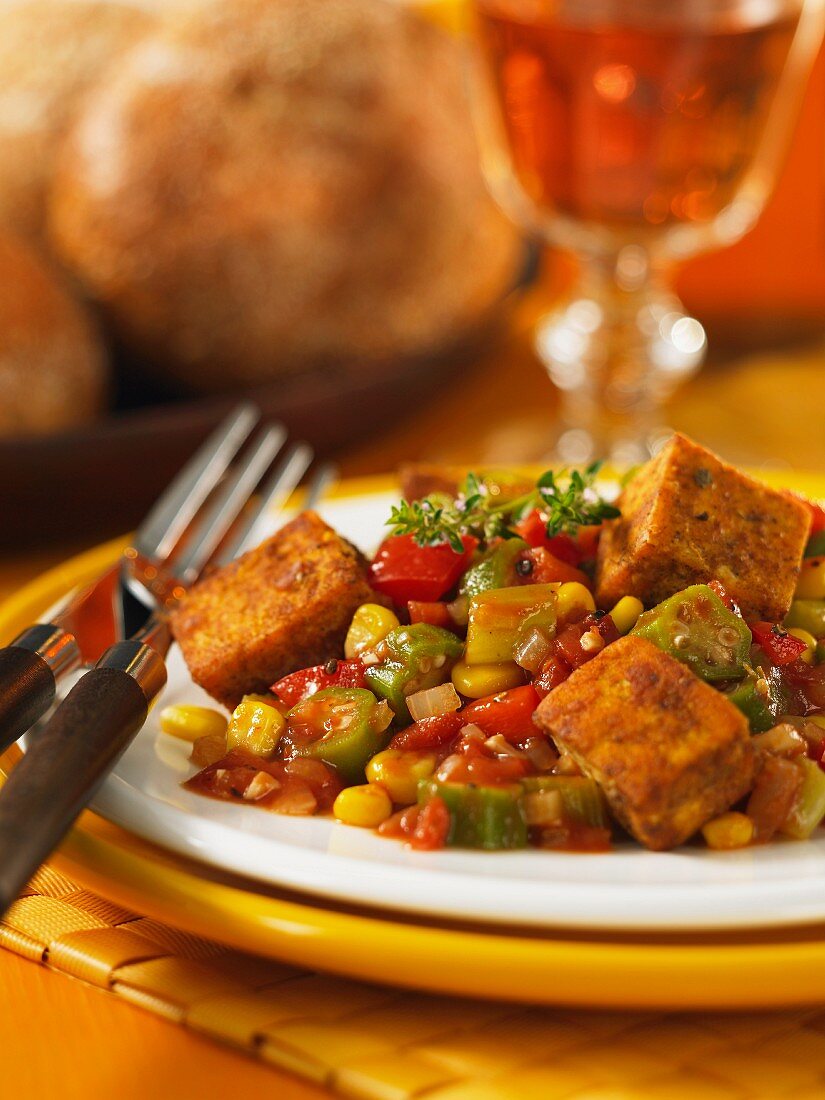 Cajun tofu on a bed of vegetables (okra, tomatoes and sweetcorn)