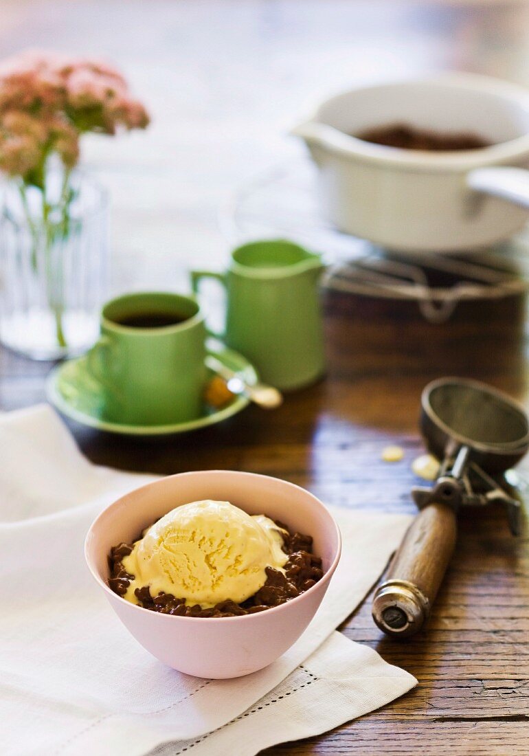 Chocolate risotto with vanilla ice cream