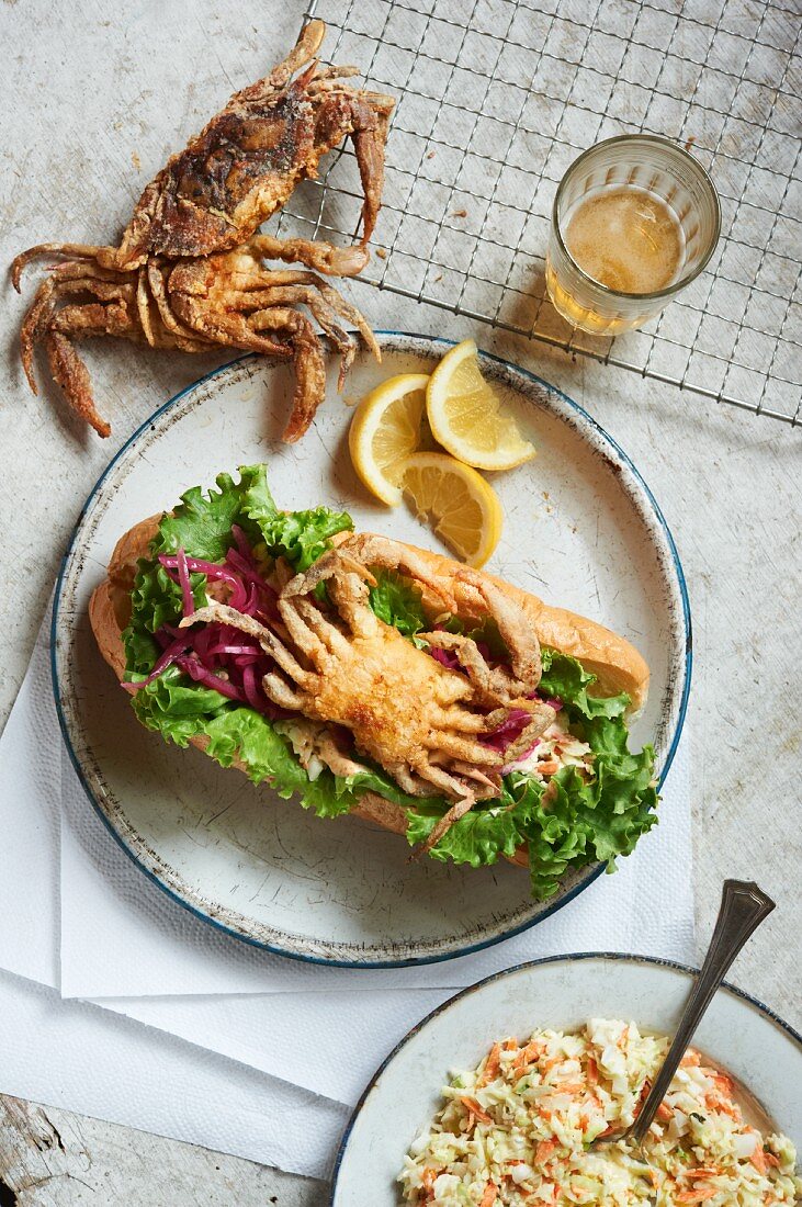 Soft Shell Crab Sandwich with Spicy Slaw; From Above