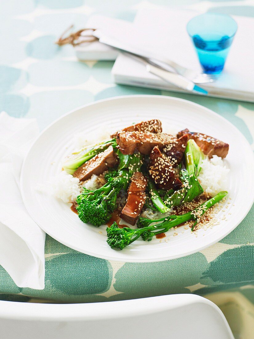 Pork fillet with hoi sin sauce, sesame seed and baby broccoli