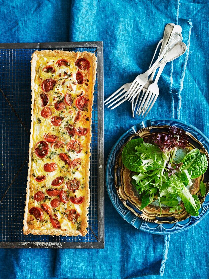 Tomato and goat's cheese tart with a mixed leaf salad