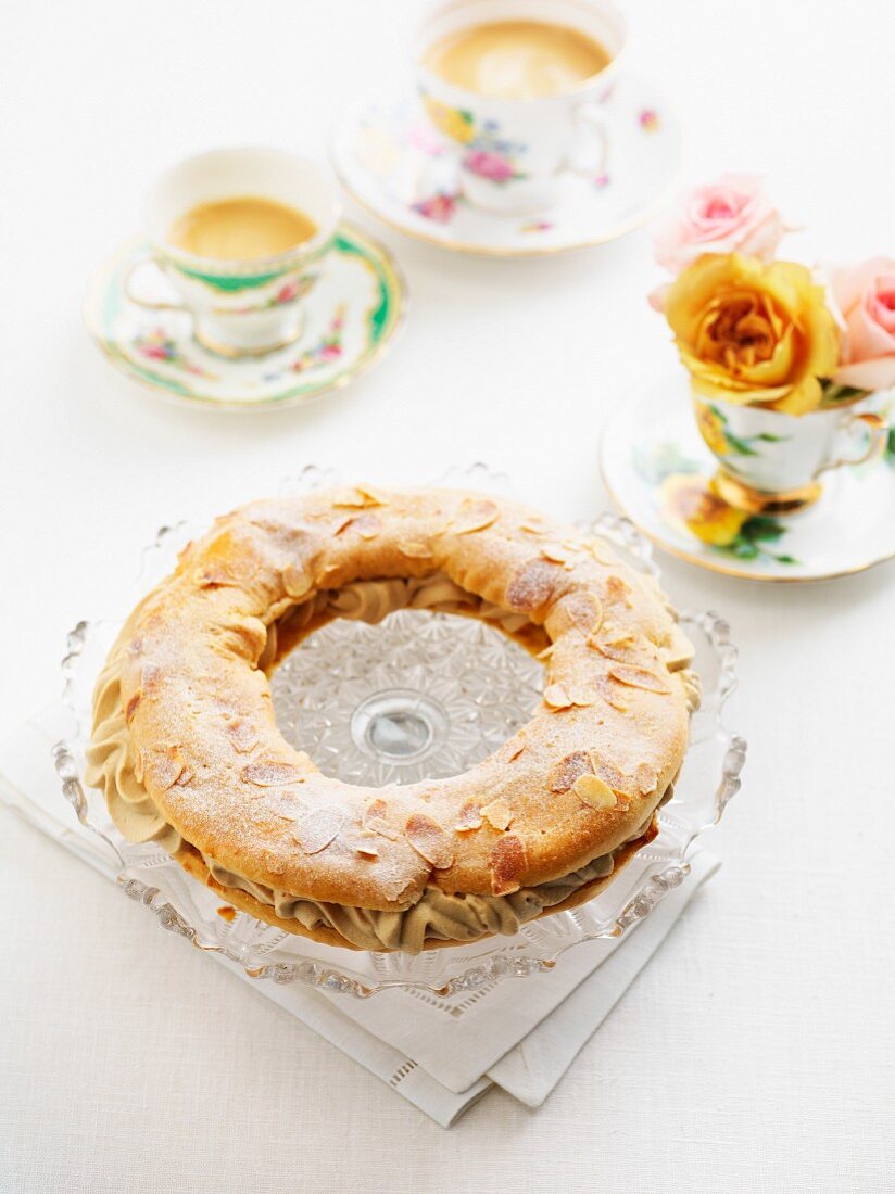 Paris brest (a profiterole cake with nougat cream, France)