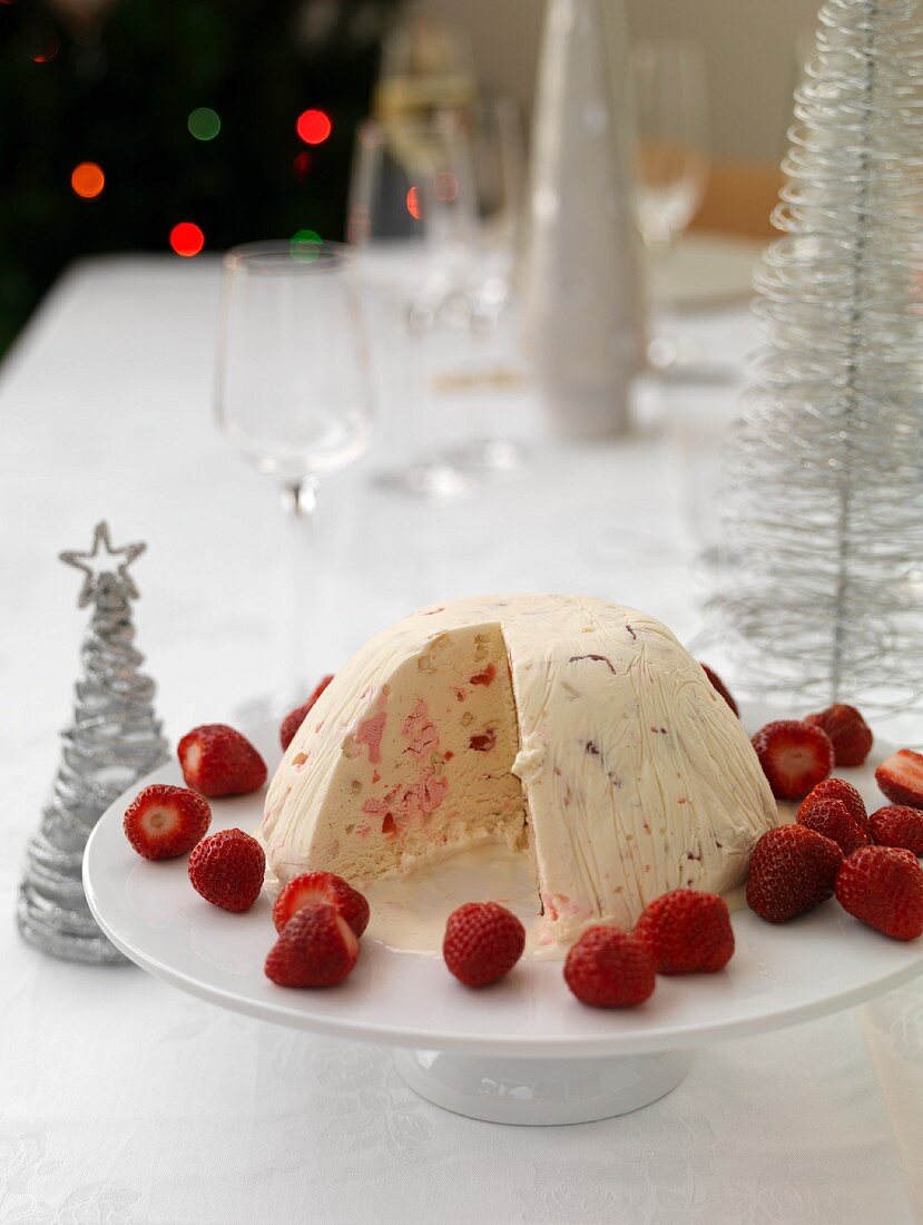 An ice cream bomb with strawberries for Christmas