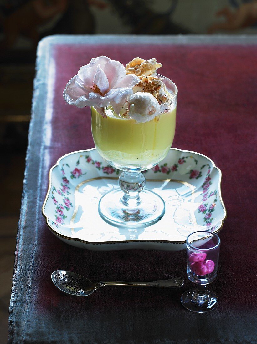 Ile flottante with candied flowers