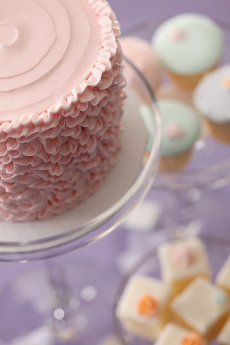 Bakery Cake with Pink Icing on a Cake Dish