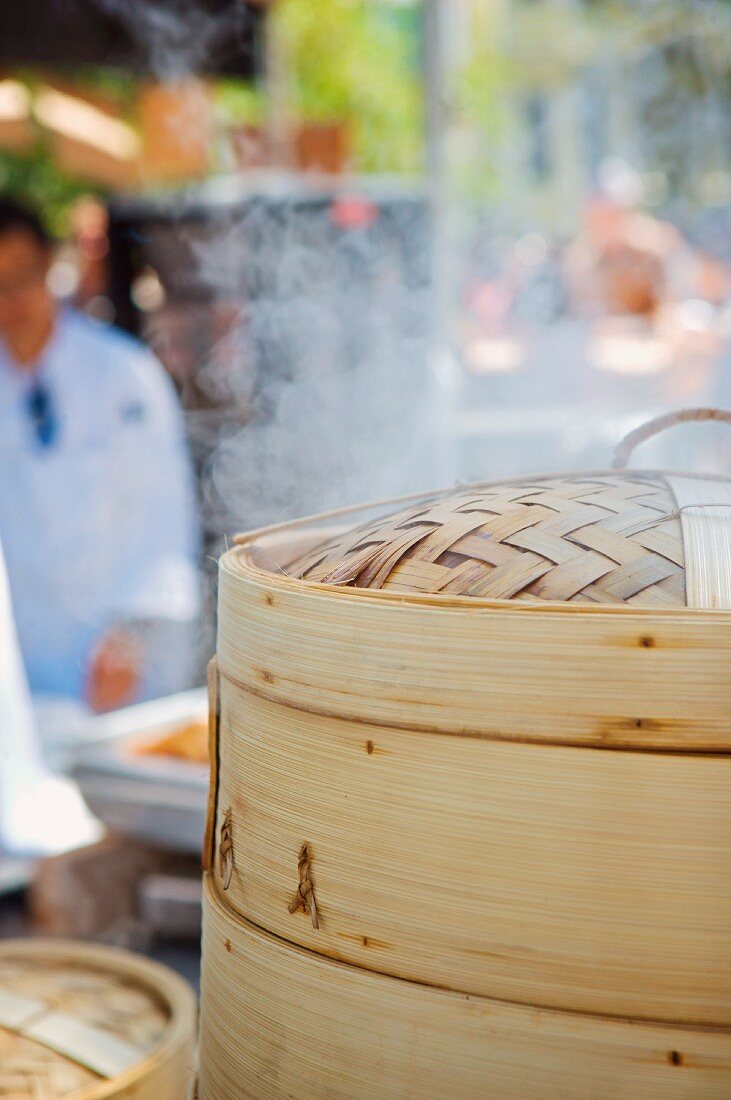 Steam Rising From a Bamboo Steamer