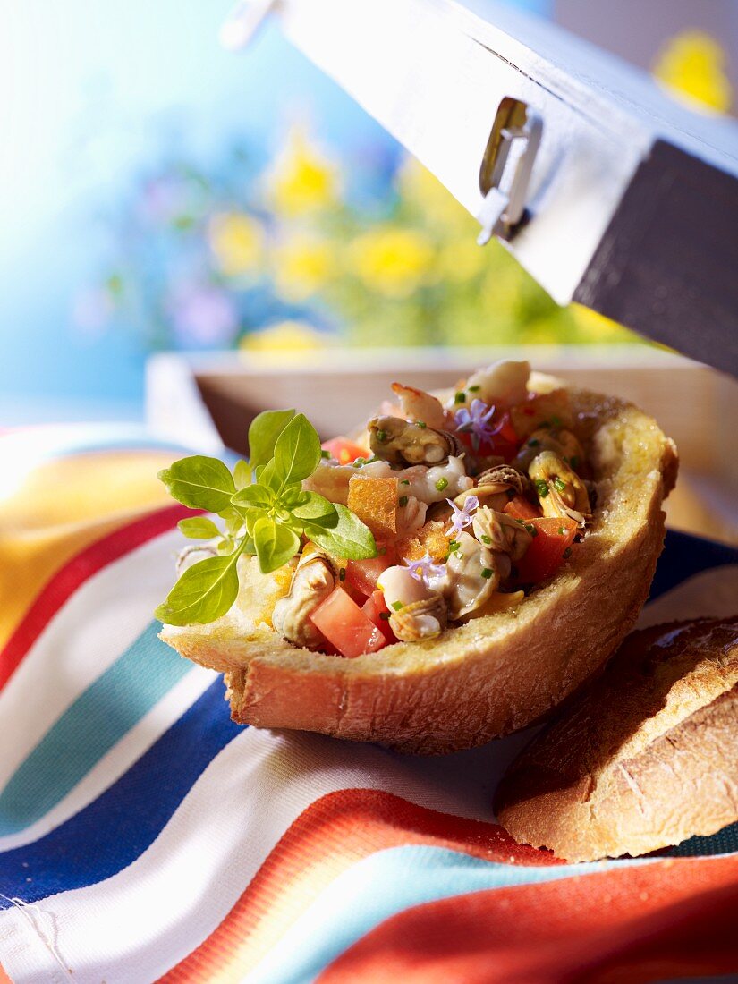 Bread stuffed with seafood salad