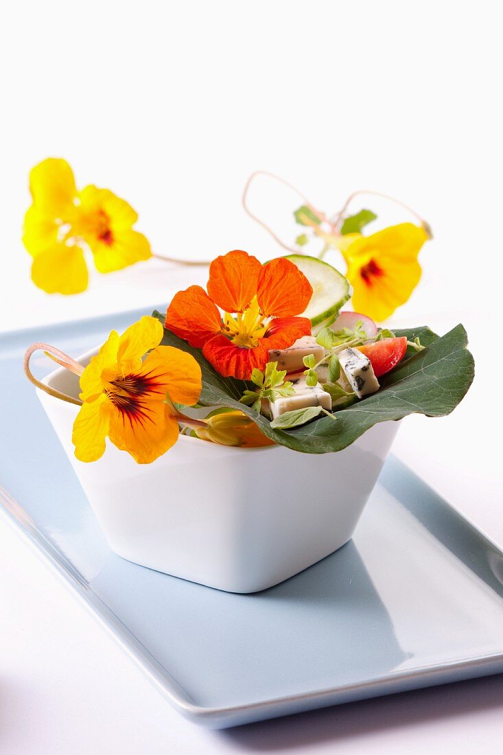 Nasturtium flower and blue cheese salad