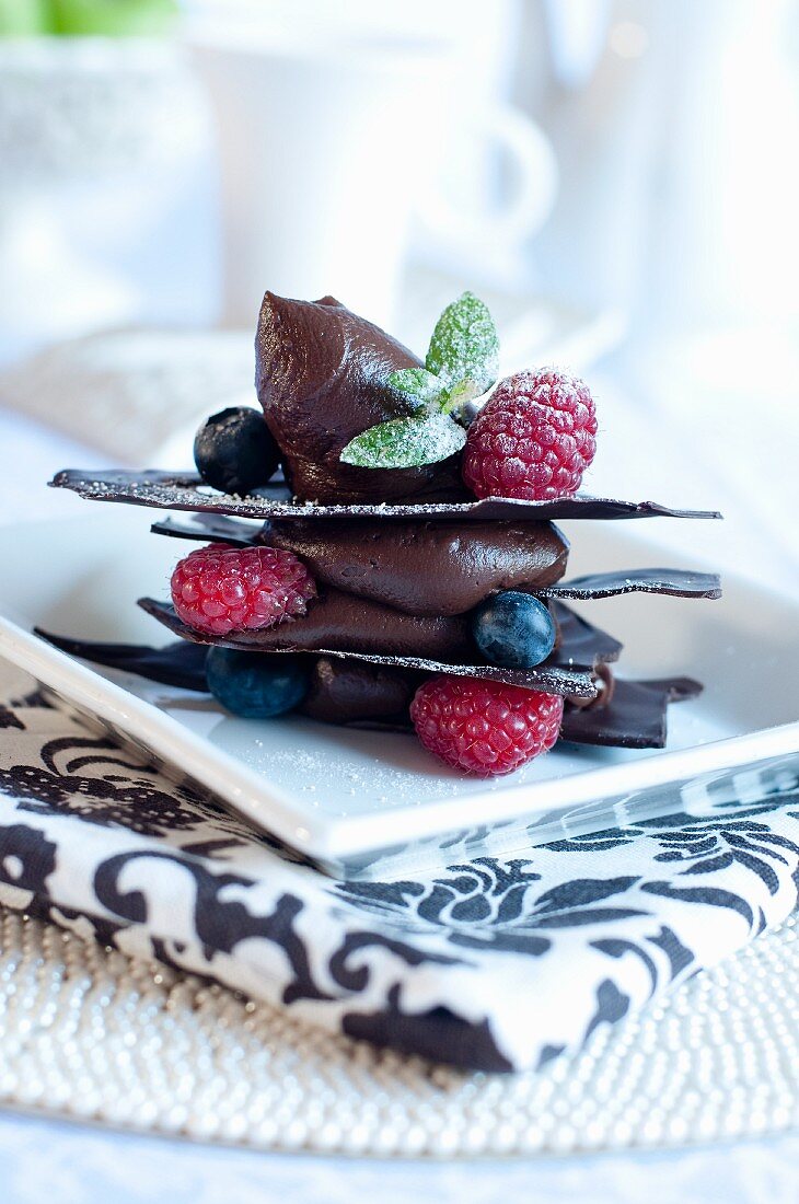 Mille feuilles with chocolate mousse and berries