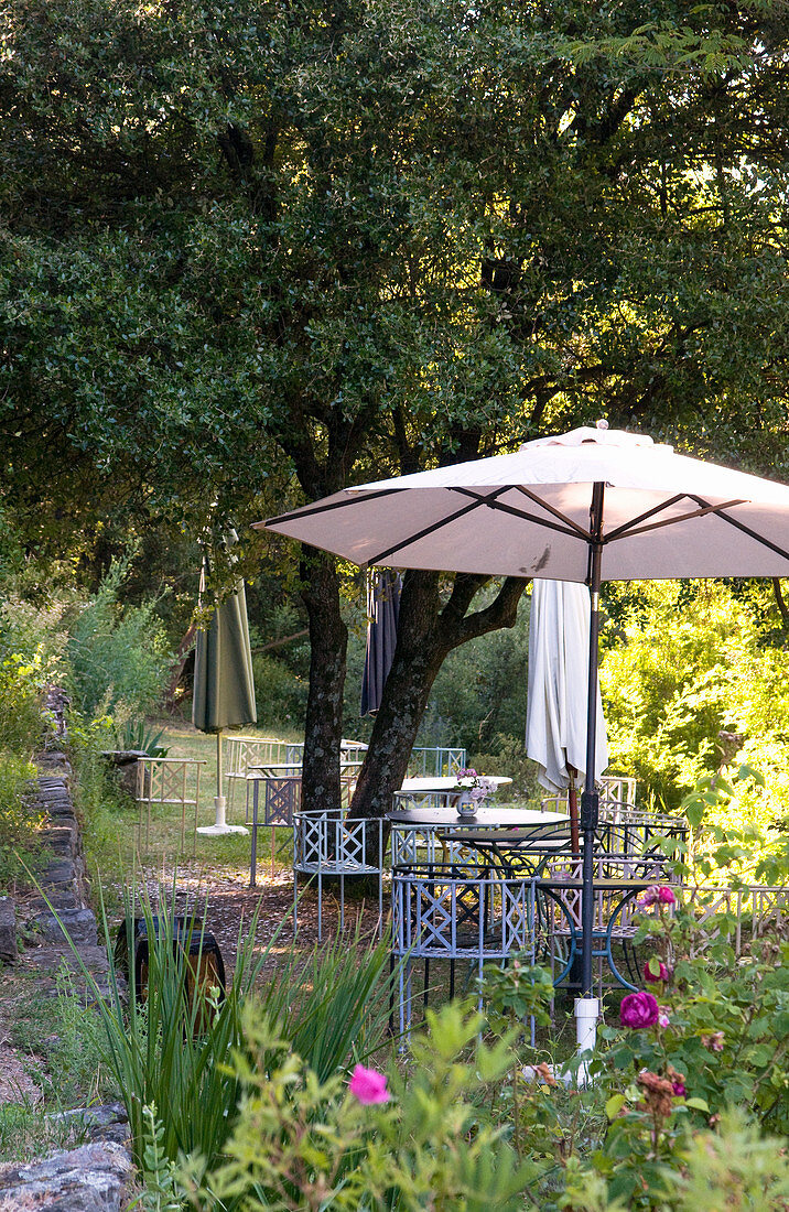 Ruheplatz im Rosengarten mit Sonnenschirmen und Gartenmöbeln aus Metall unter schattigen Bäumen