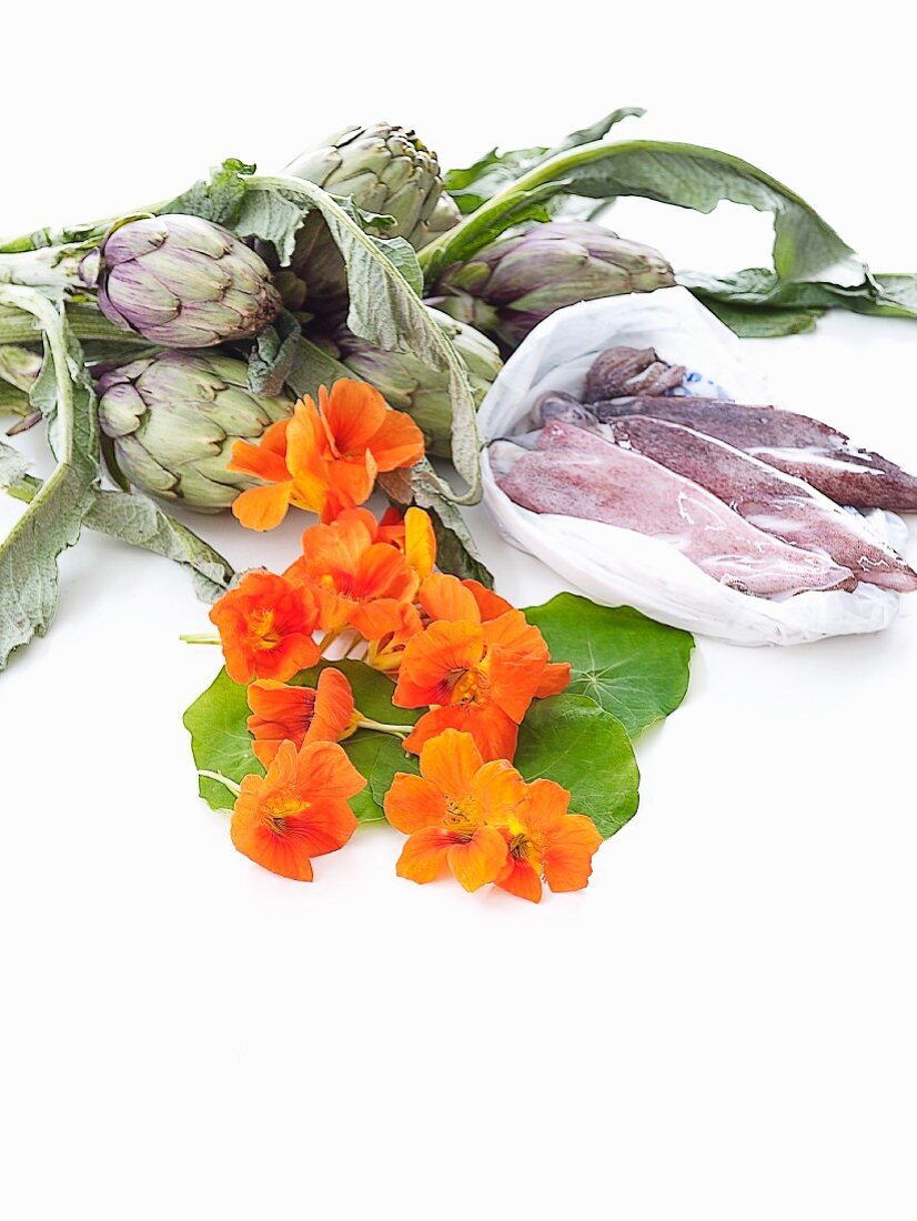 Artichokes, squid and nasturtium flowers