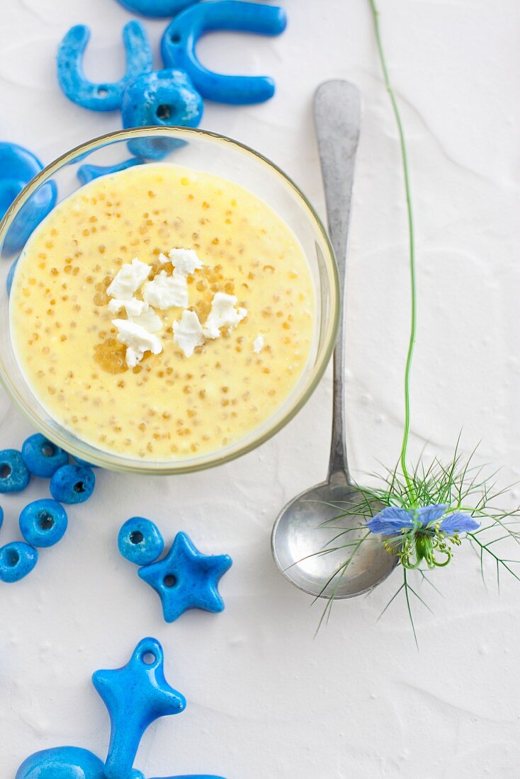 Cream of courgette soup with feta cheese and caviar