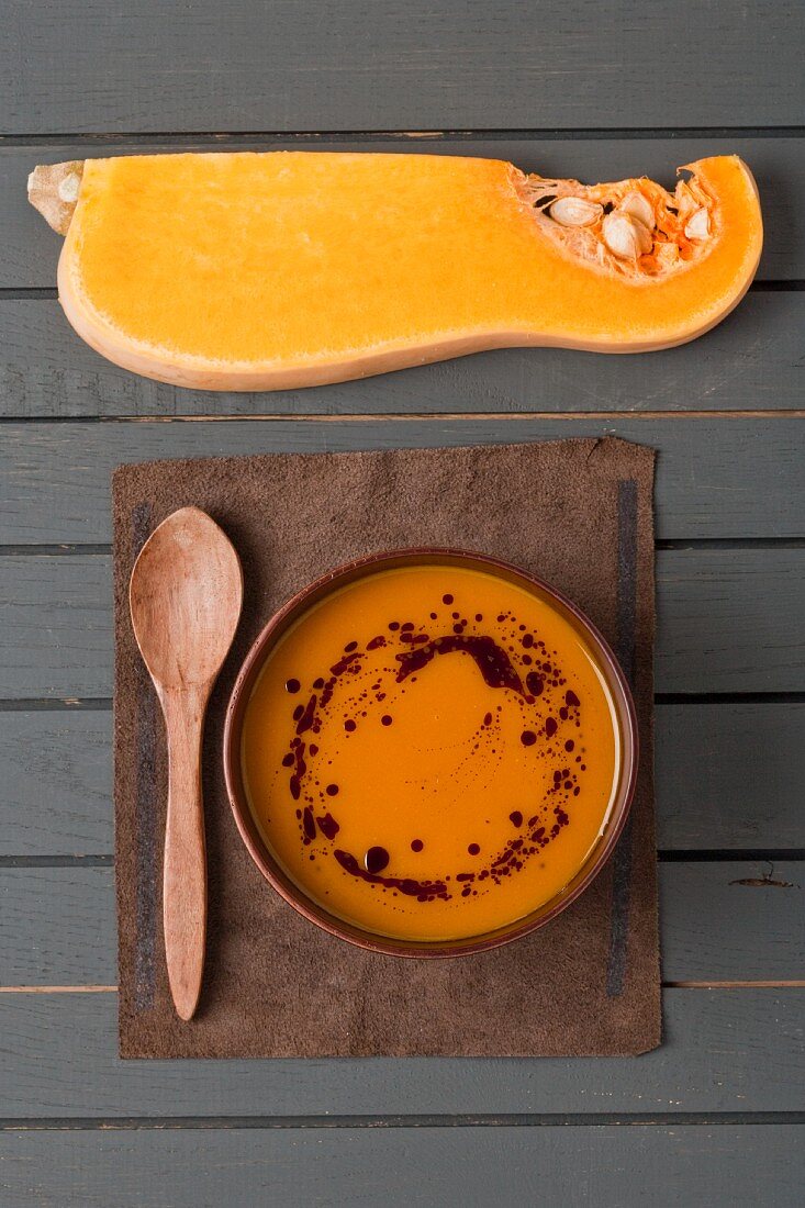Cream of pumpkin soup with pumpkin seed oil