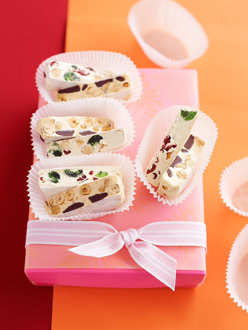 White nougat with almonds, cherries and cranberries