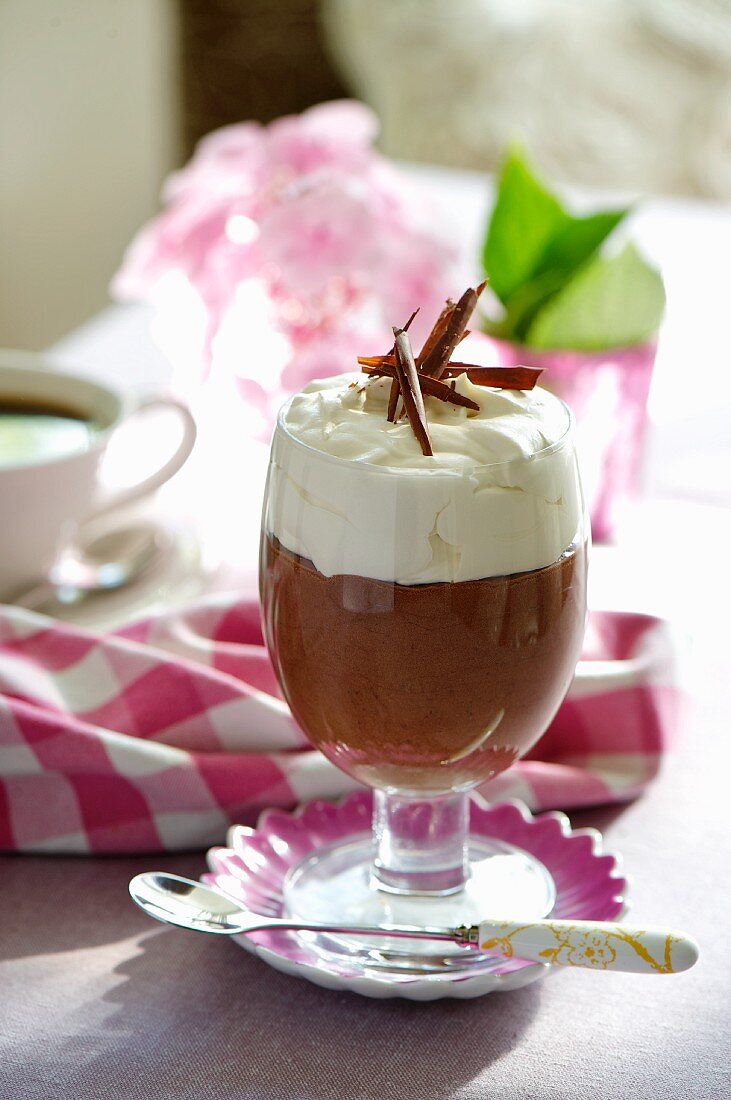 Chocolate mousse topped with whipped cream
