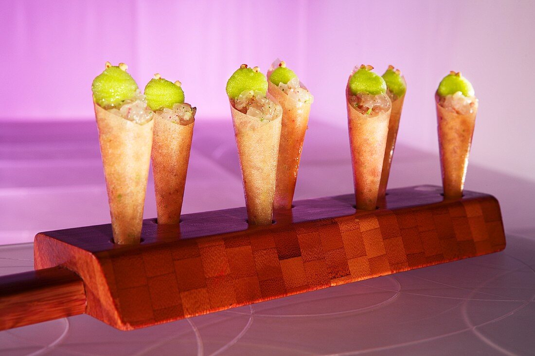 Ice cream cones filled with trout ceviche