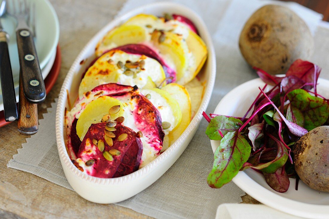 Beetroot and potato bake with apples
