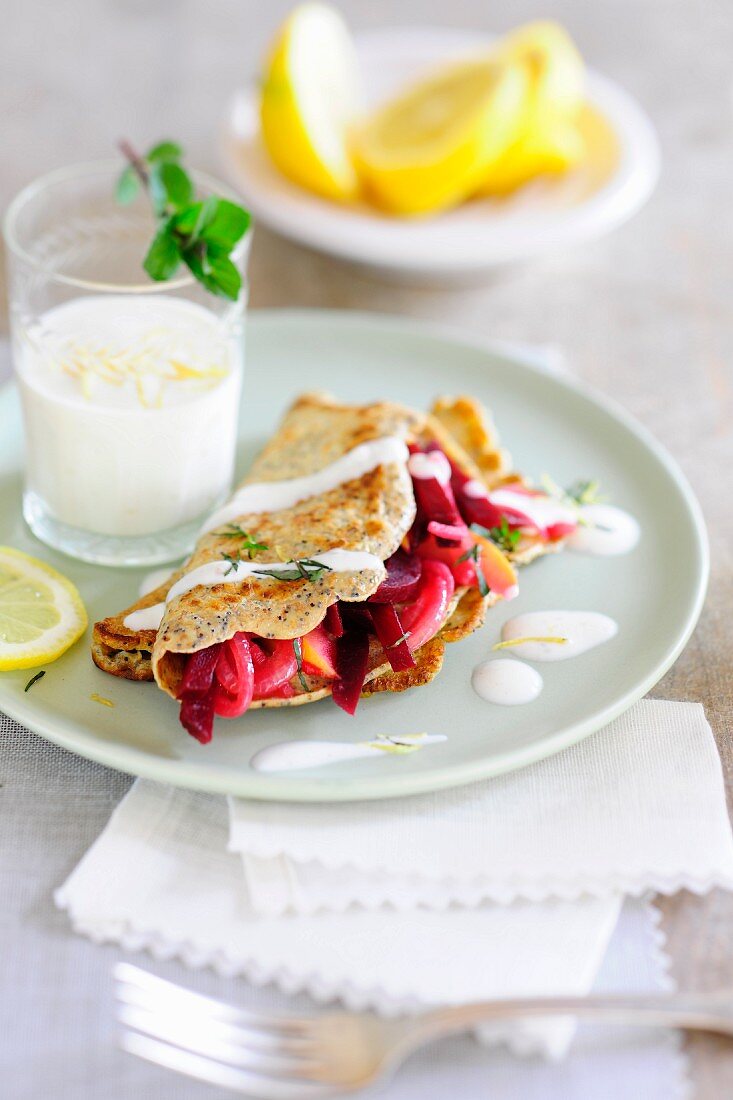 Carrot pancakes with a beetroot medley and a lemon and yoghurt sauce