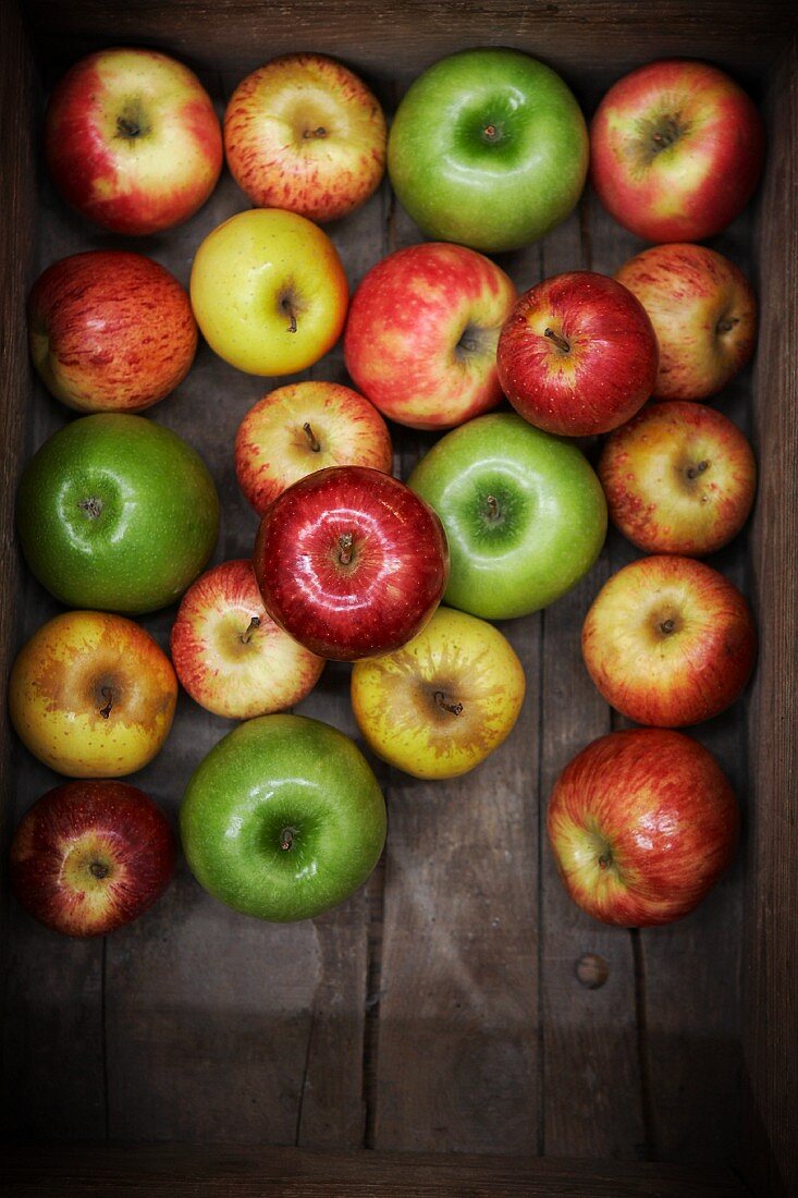 Verschiedene Äpfel in Holzkiste (Draufsicht)