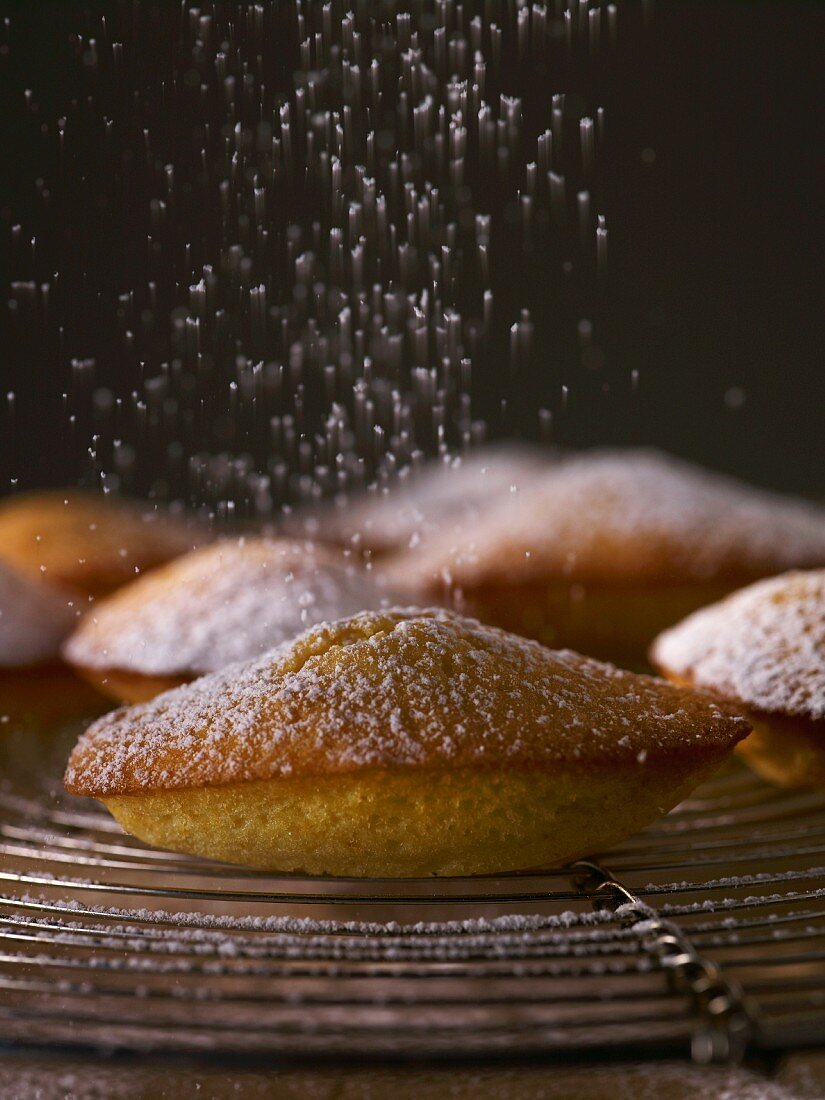 Madeleines being dusted with icing sugar