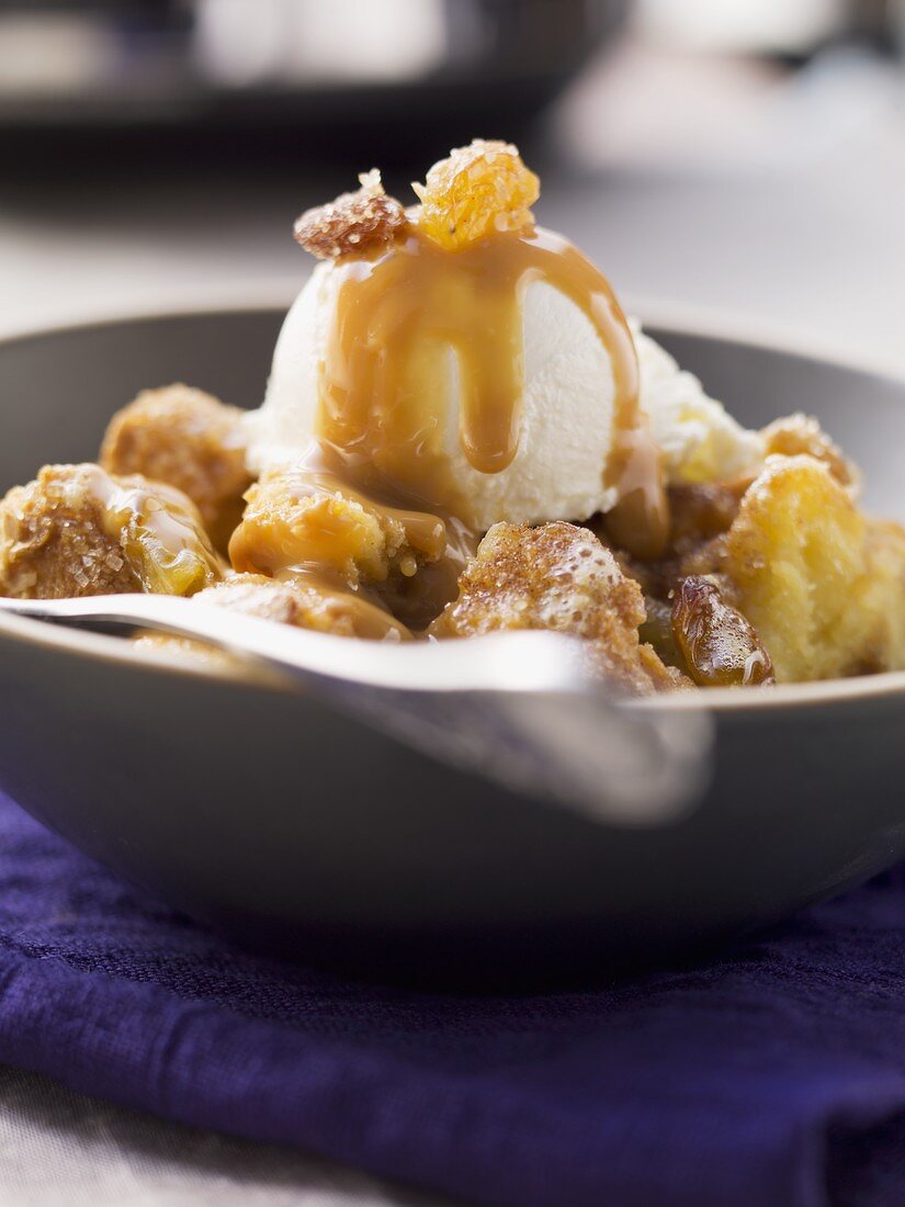 Bread pudding with ice cream and caramel sauce