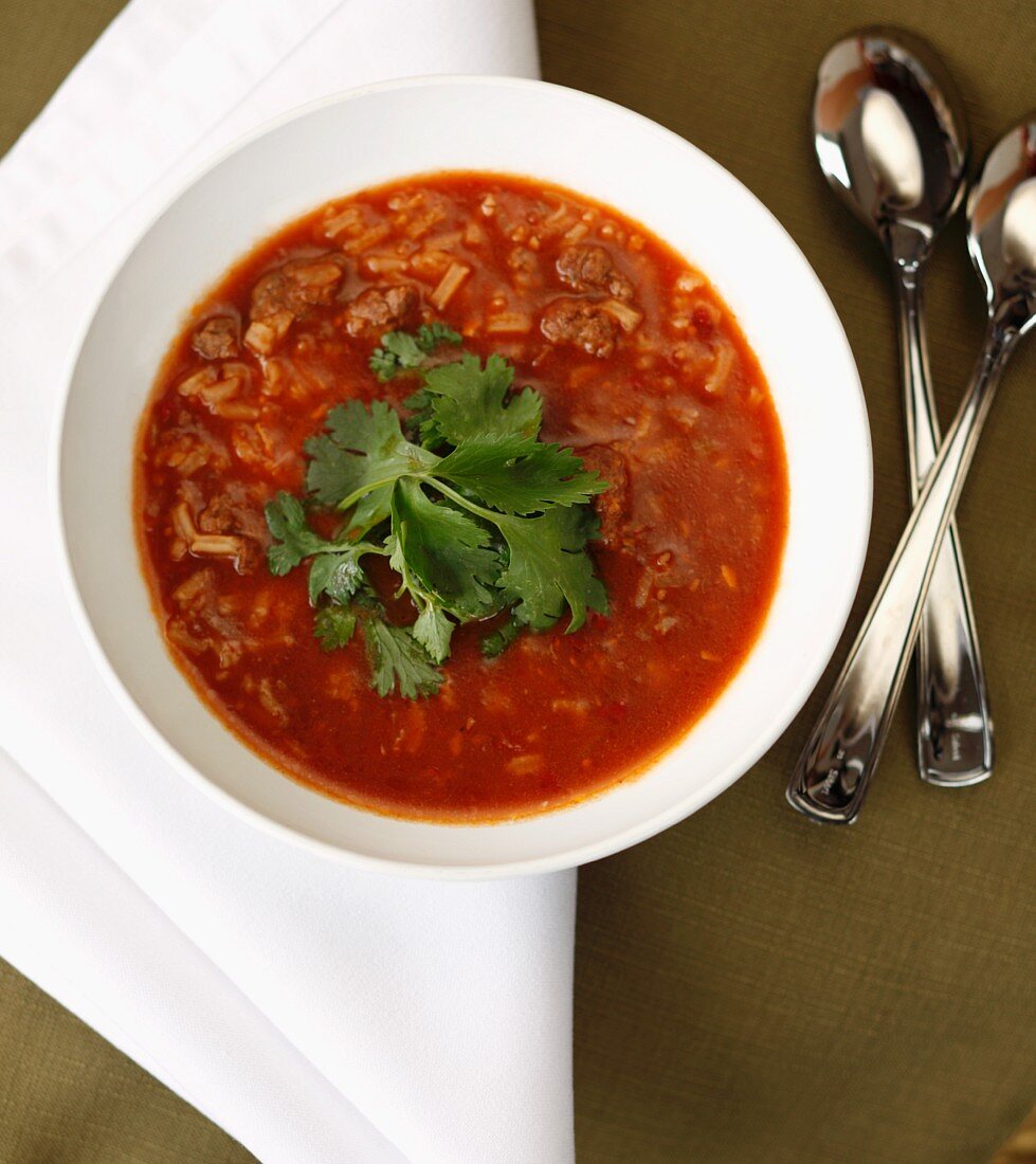 Tomaten-Reis-Suppe mit Rinderhackfleich (Aufsicht)