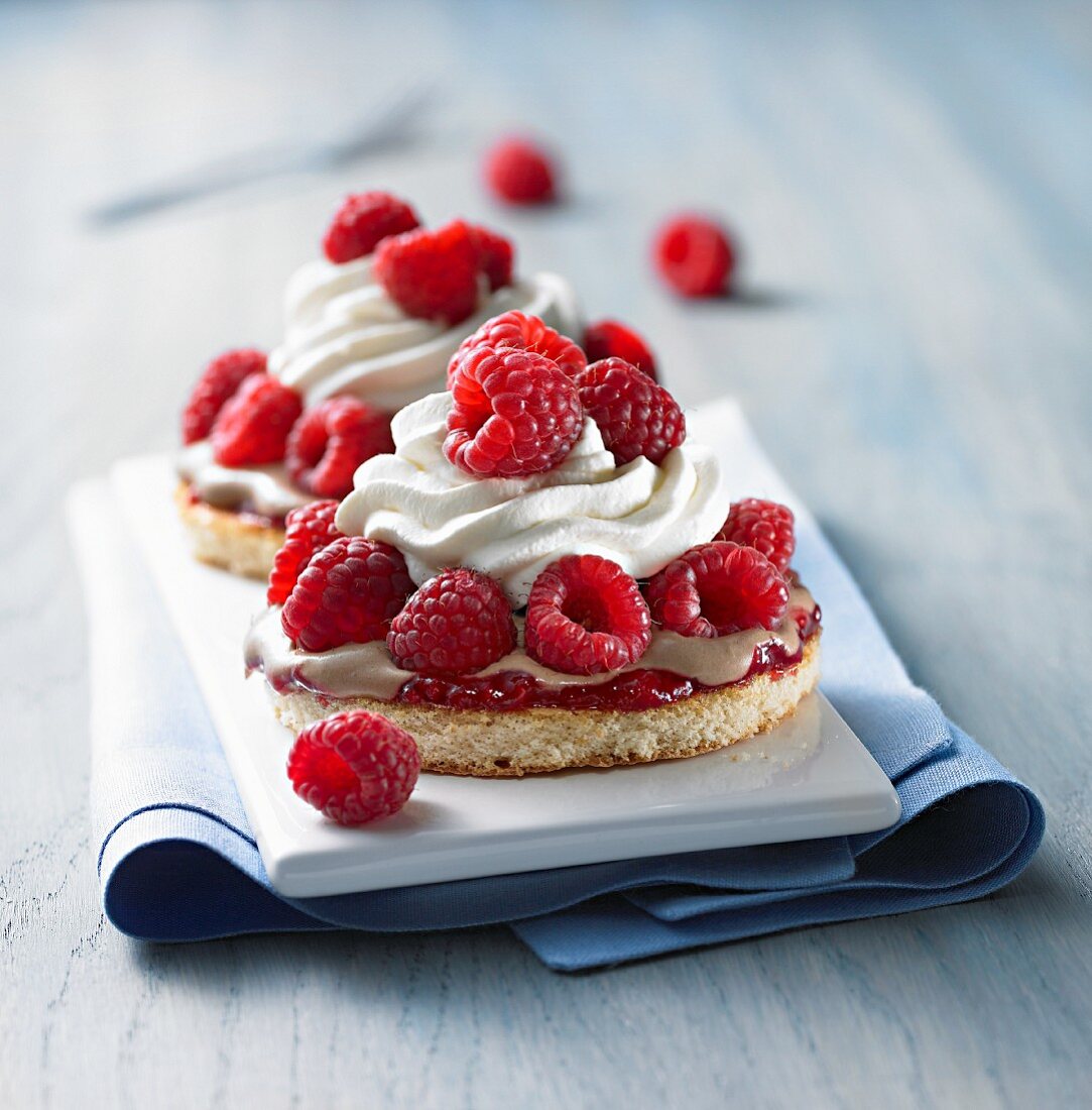 Sponge roulade with jam, coffee cream, raspberries and cream